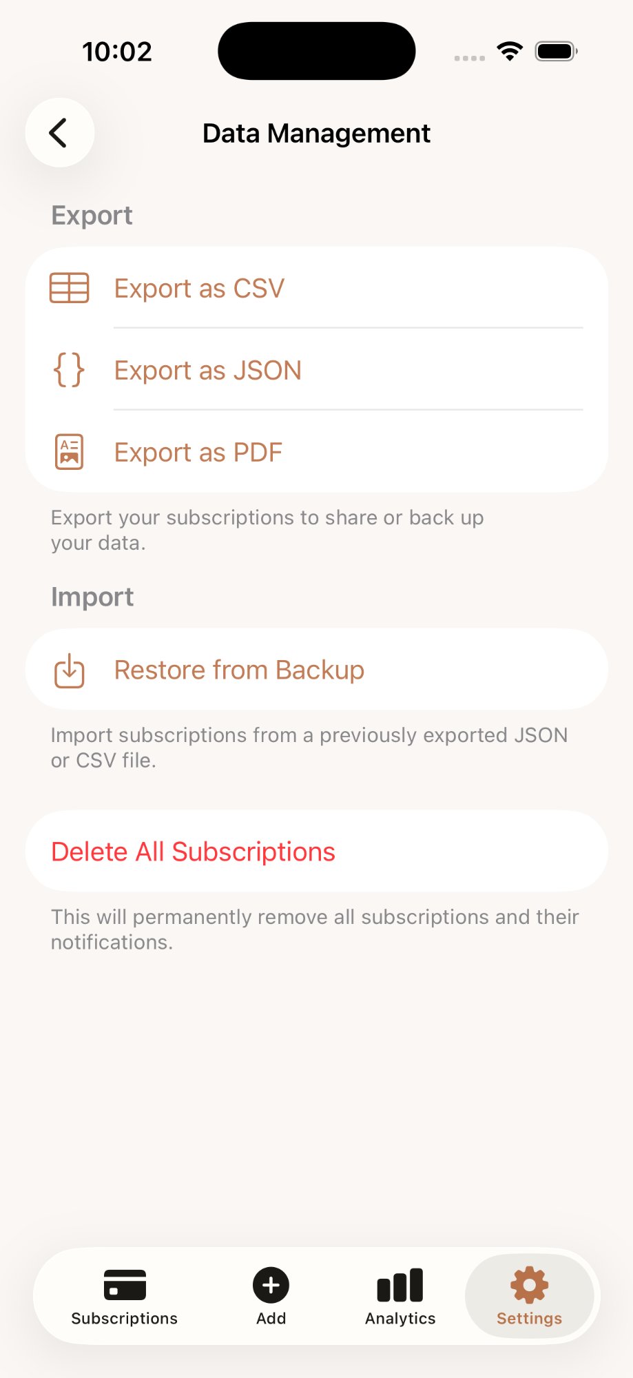 Export and import options