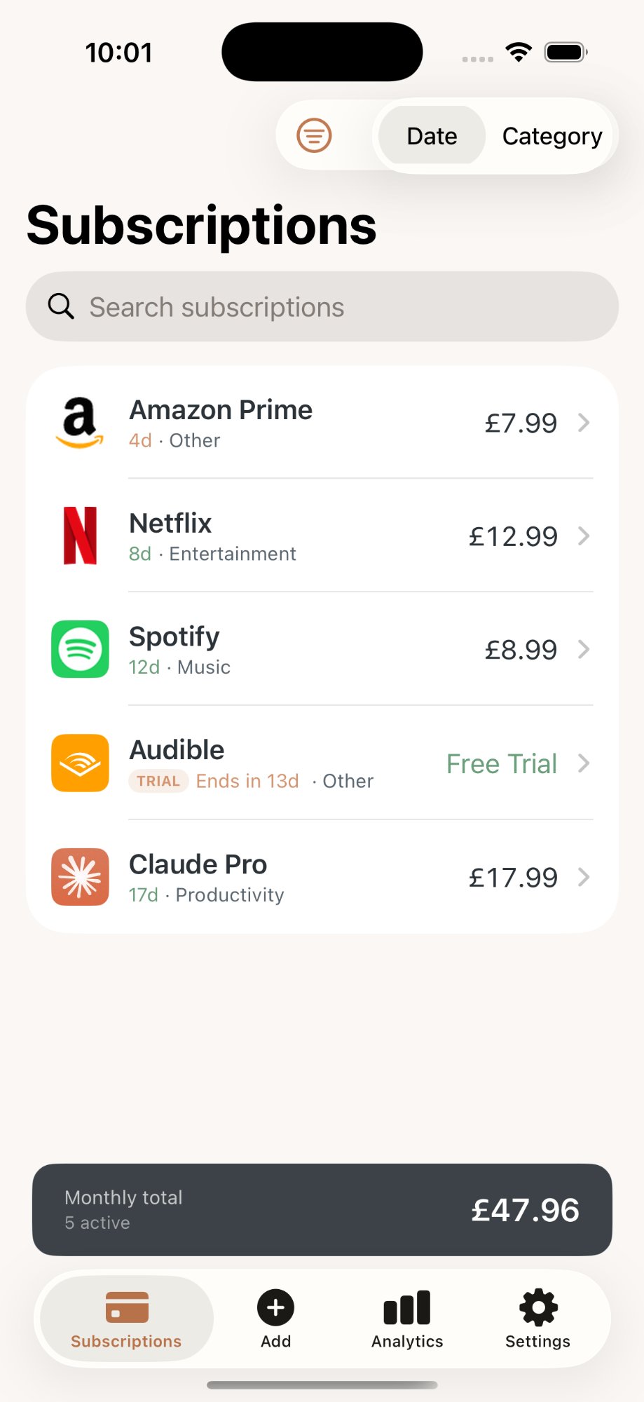 Subscription list with floating monthly total
