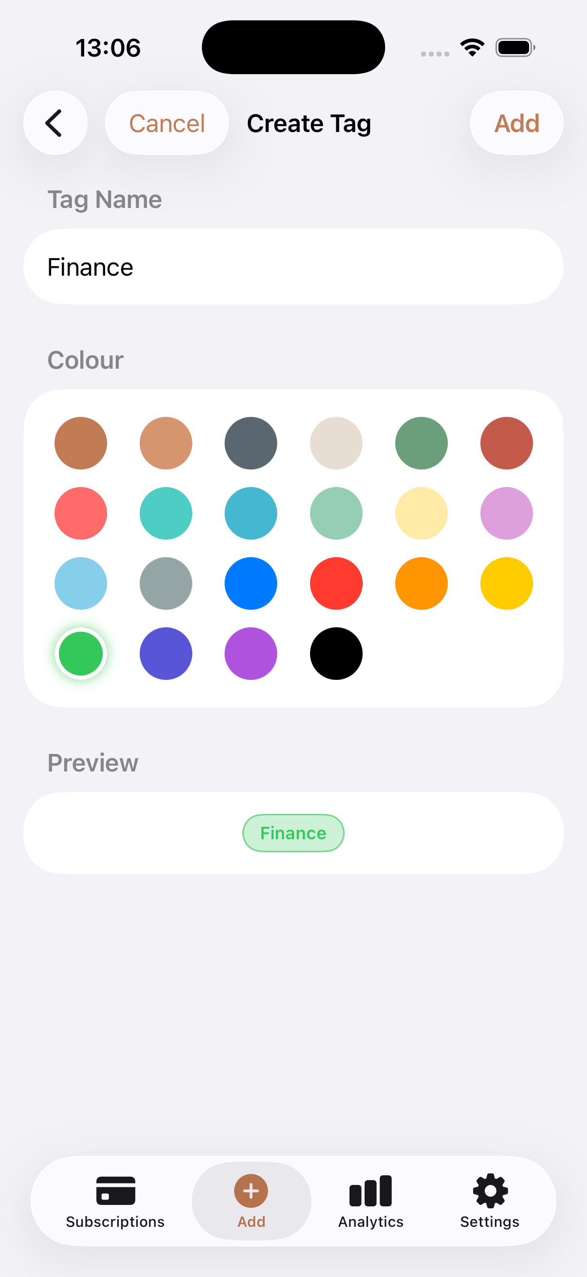 Custom tag management with colour picker